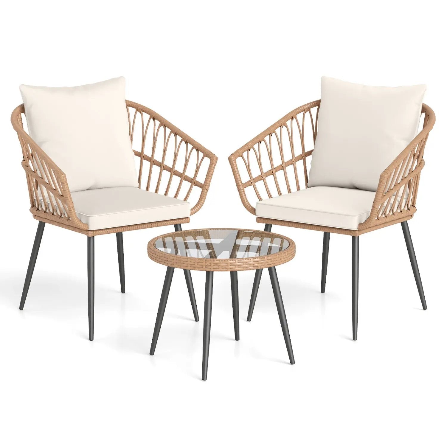 3 Piece Patio Bistro Set with PE Rattan Wicker Chairs and Tempered Glass Coffee Table by DirectDeals