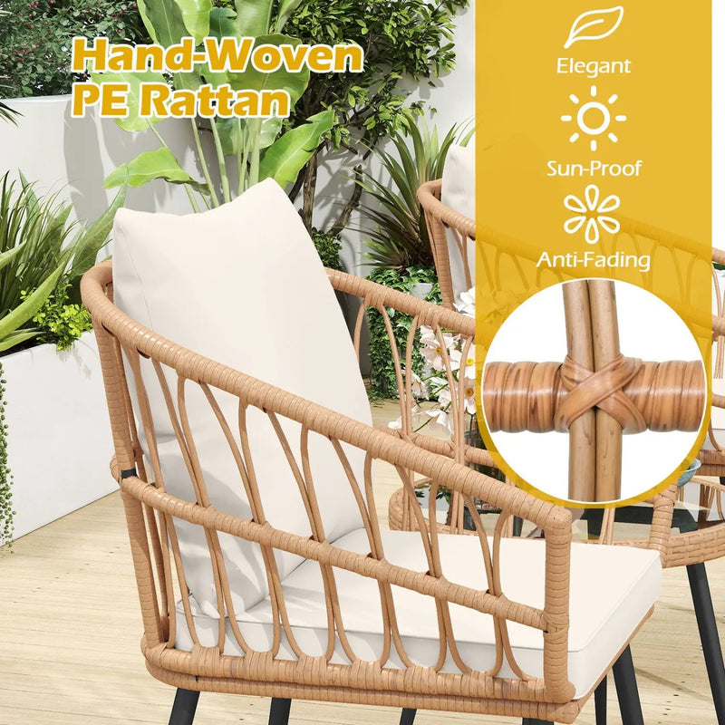 3 Piece Patio Bistro Set with PE Rattan Wicker Chairs and Tempered Glass Coffee Table by DirectDeals