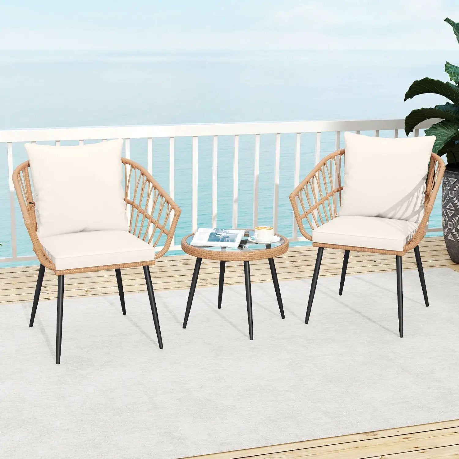 3 Piece Patio Bistro Set with PE Rattan Wicker Chairs and Tempered Glass Coffee Table by DirectDeals
