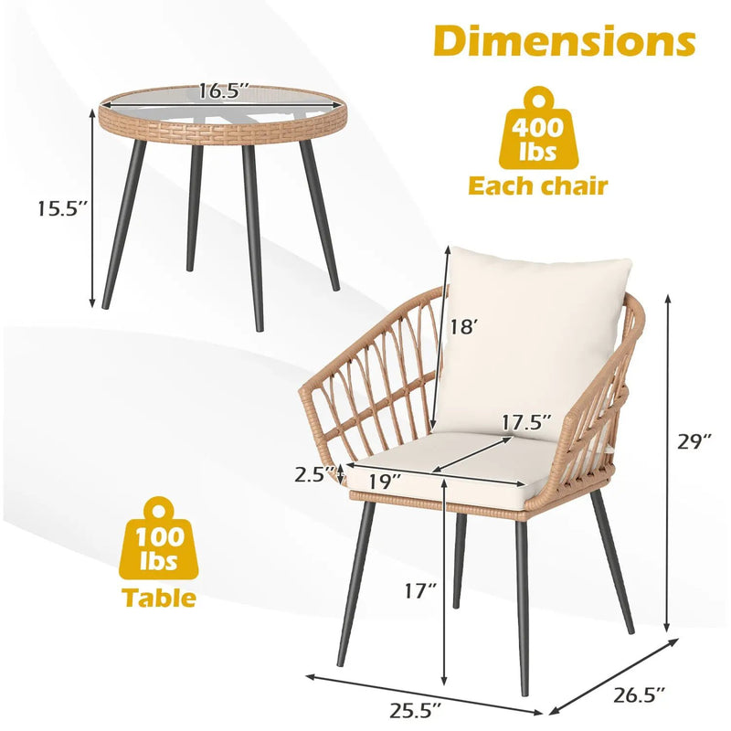 3 Piece Patio Bistro Set with PE Rattan Wicker Chairs and Tempered Glass Coffee Table by DirectDeals