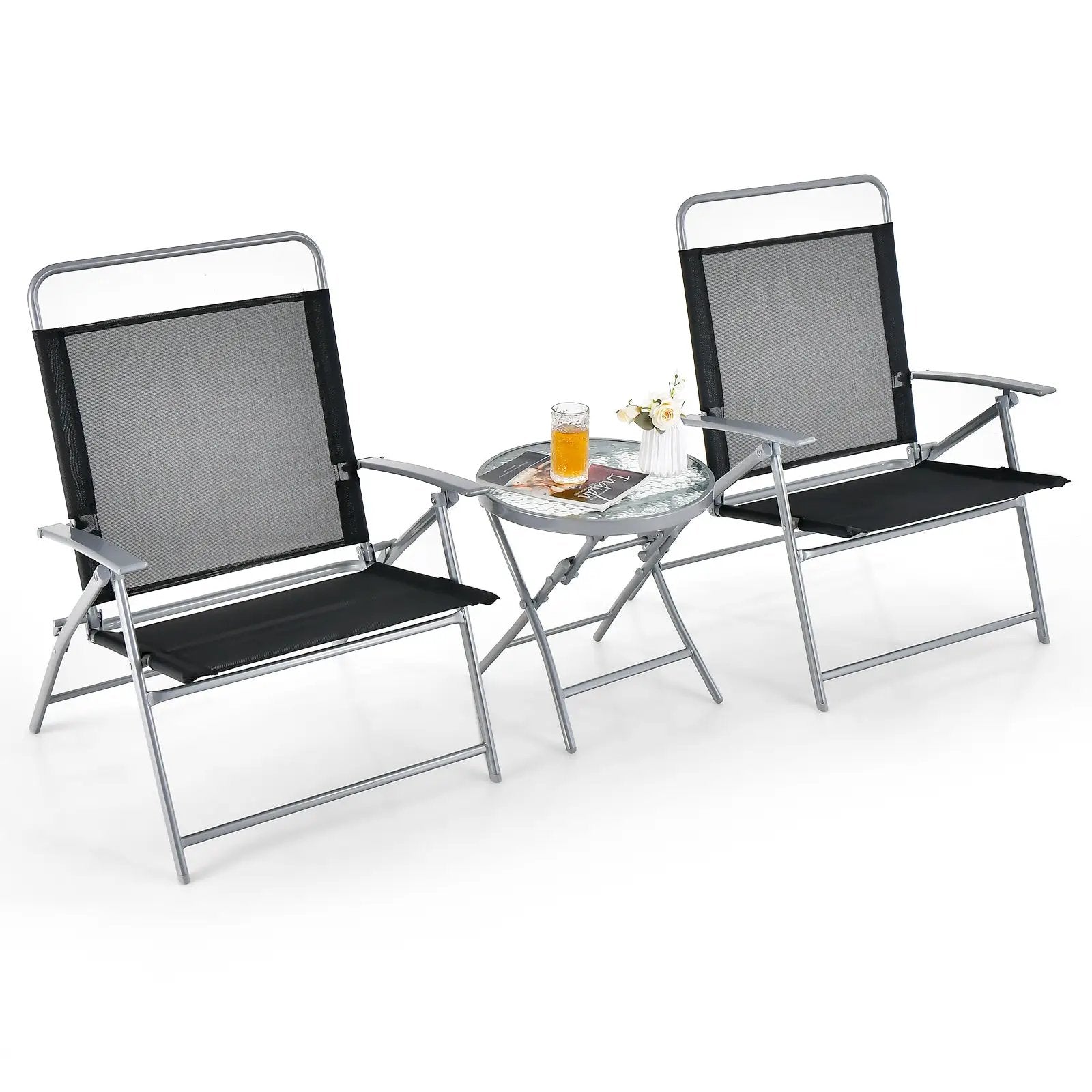 3 Pieces Patio Folding Chair Set Outdoor Metal Conversation Set by DirectDeals