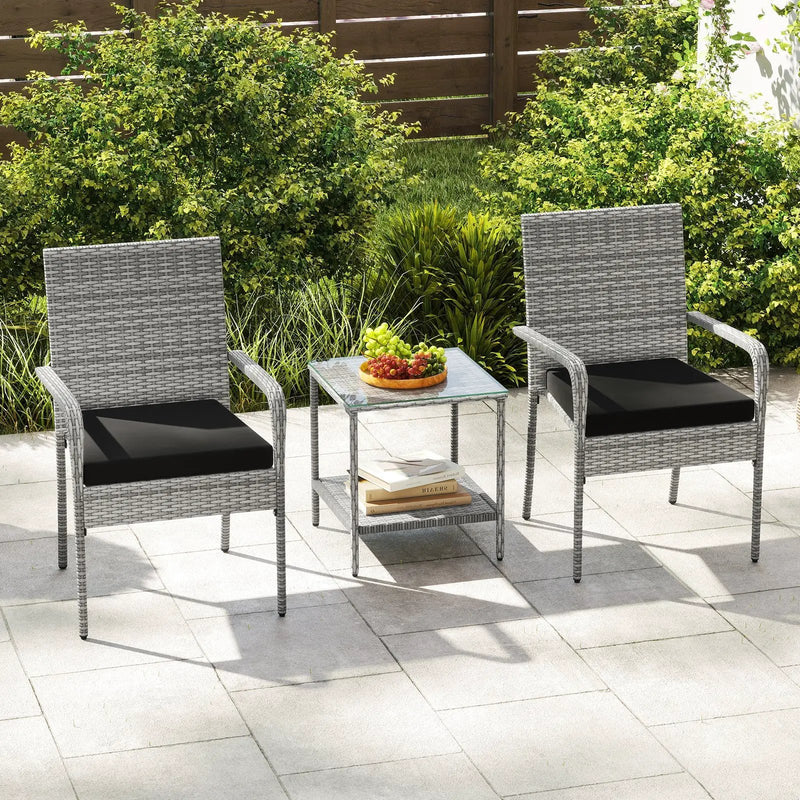 3 Piece Patio Furniture Set with Seat Cushions and Tempered Glass Tabletop for Balcony by DirectDeals