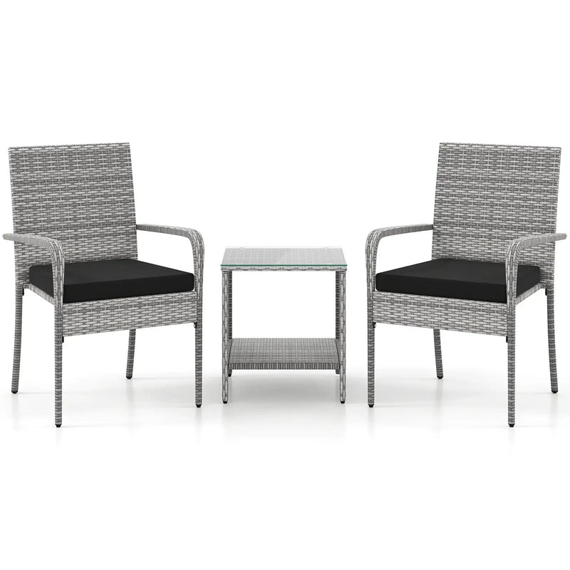 3 Piece Patio Furniture Set with Seat Cushions and Tempered Glass Tabletop for Balcony by DirectDeals