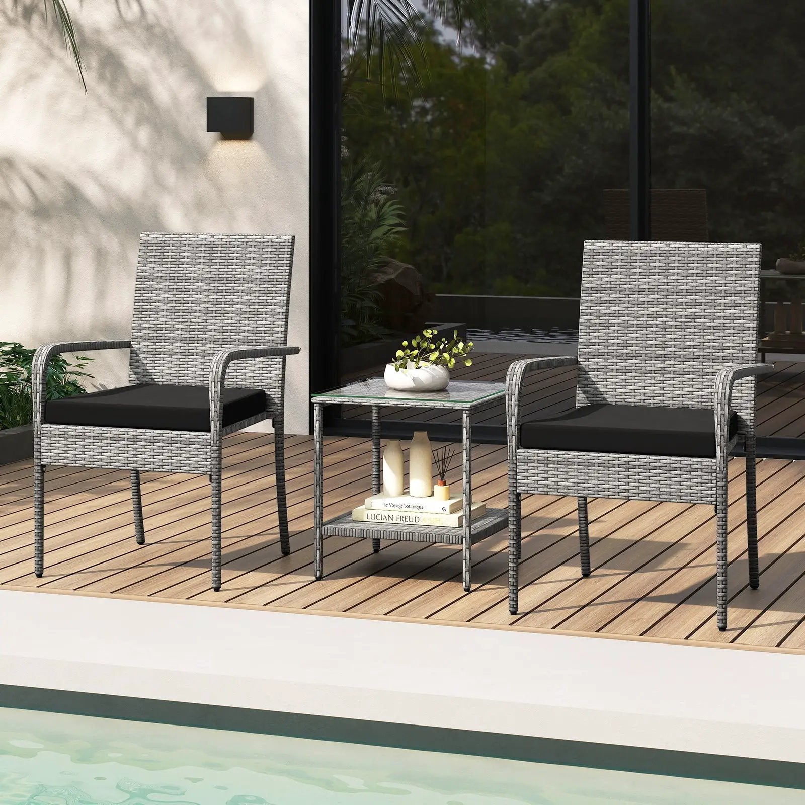 3 Piece Patio Furniture Set with Seat Cushions and Tempered Glass Tabletop for Balcony by DirectDeals