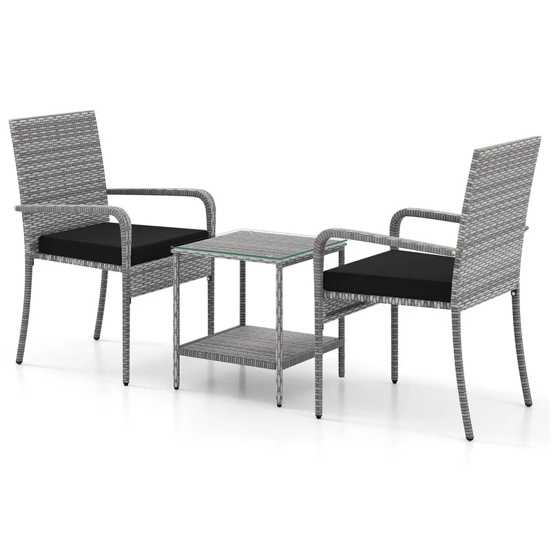 3 Piece Patio Furniture Set with Seat Cushions and Tempered Glass Tabletop for Balcony by DirectDeals