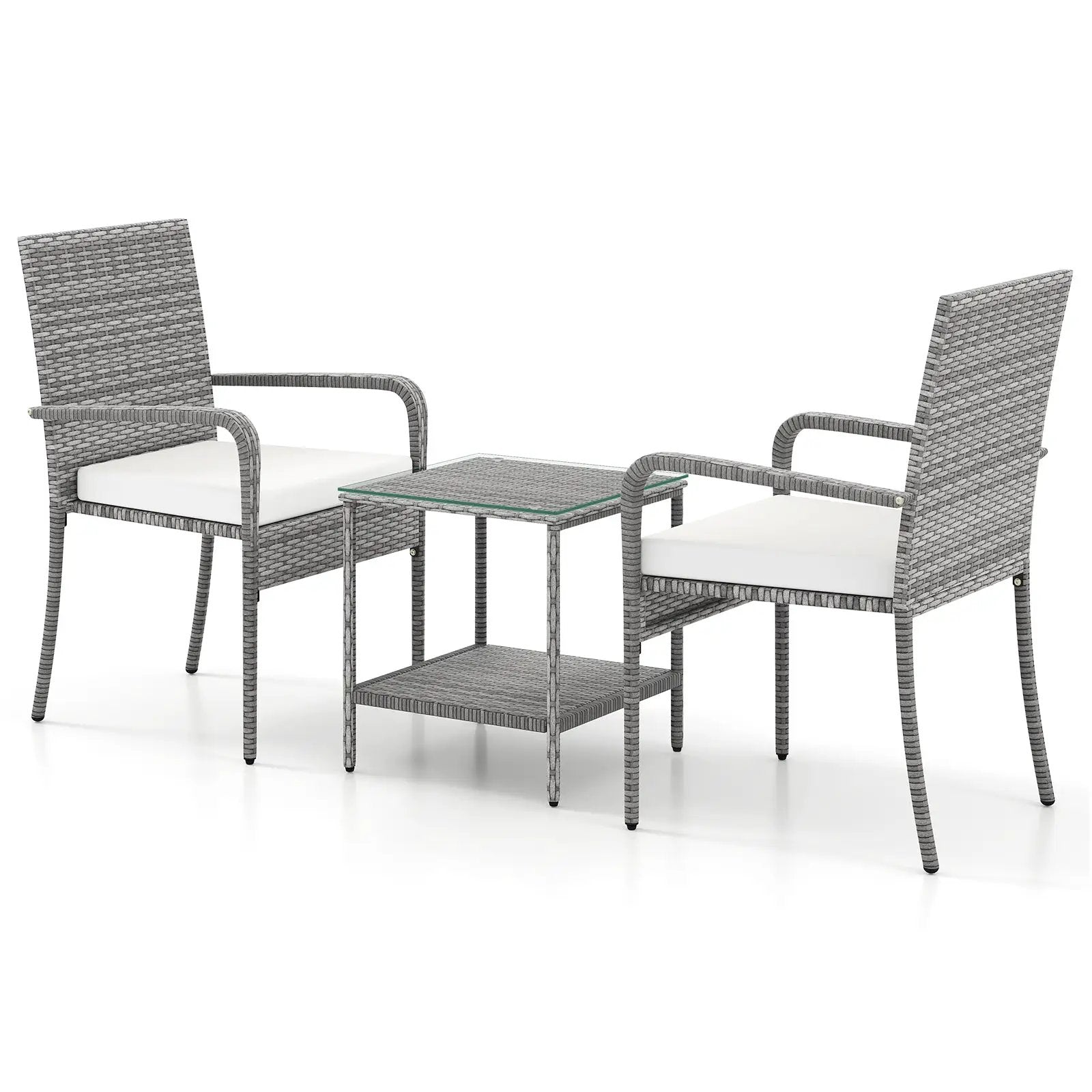 3 Piece Patio Furniture Set with Seat Cushions and Tempered Glass Tabletop for Balcony by DirectDeals