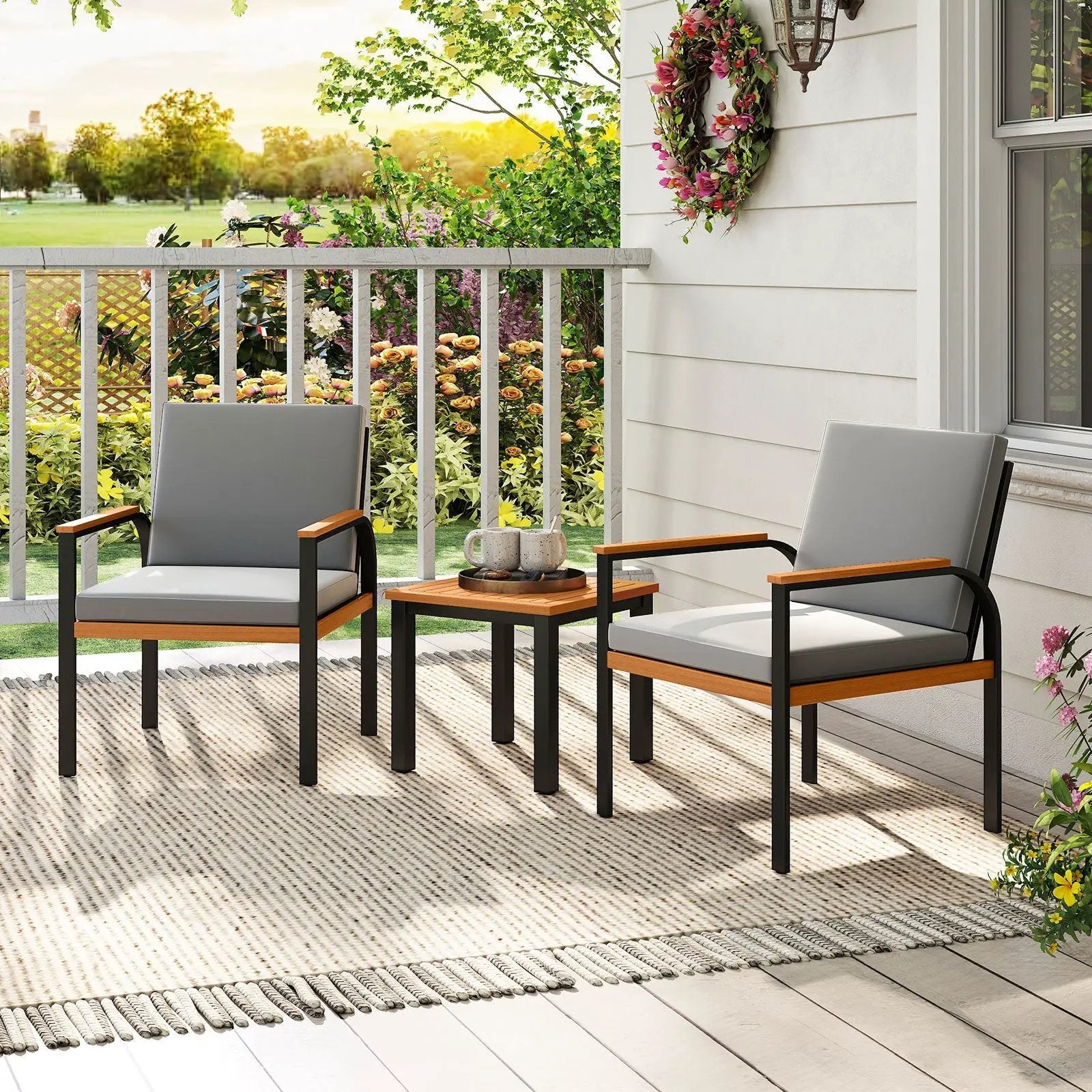 3 Piece Patio Furniture Set Outdoor Conversation Set with Coffee Table-Grey by DirectDeals