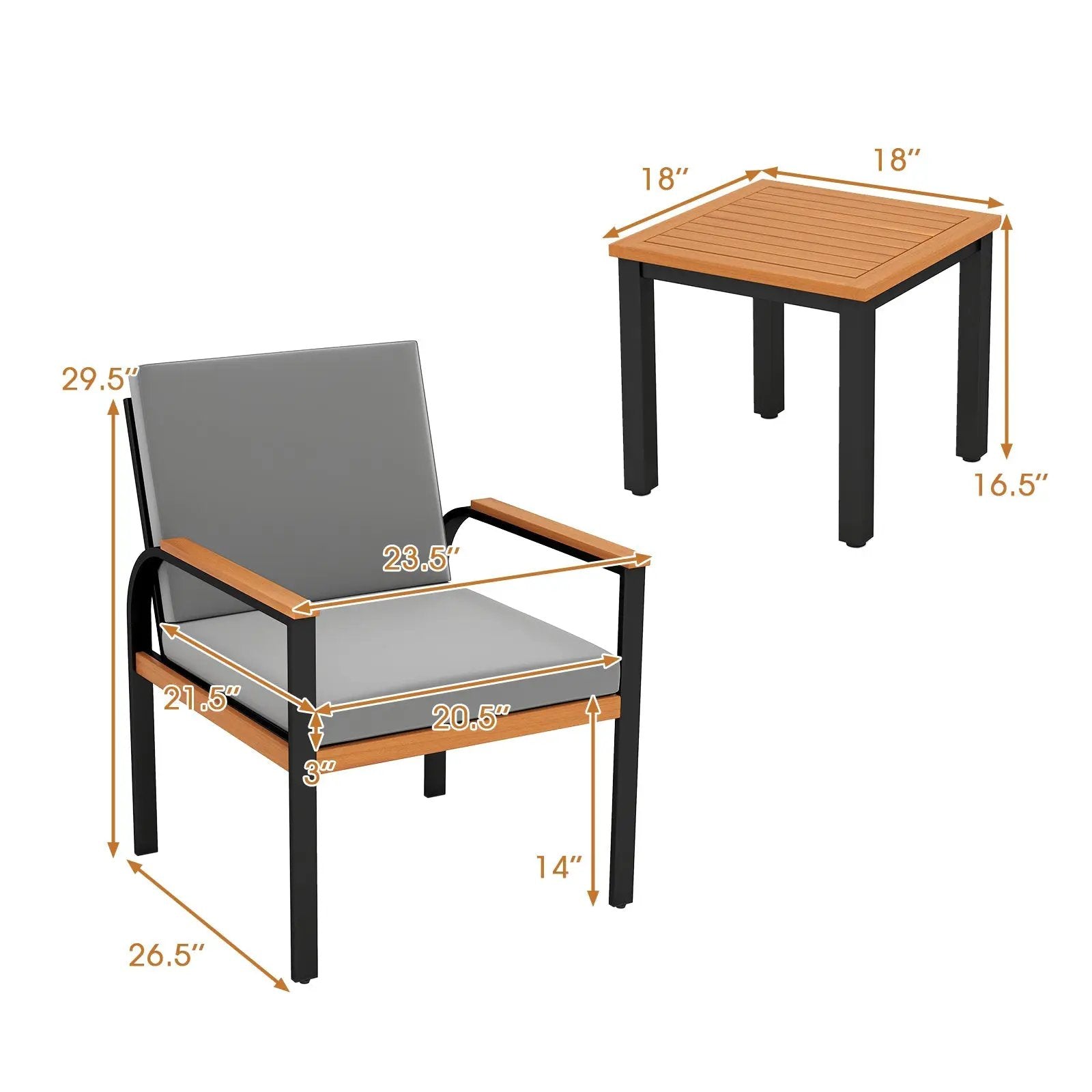 3 Piece Patio Furniture Set Outdoor Conversation Set with Coffee Table-Grey by DirectDeals