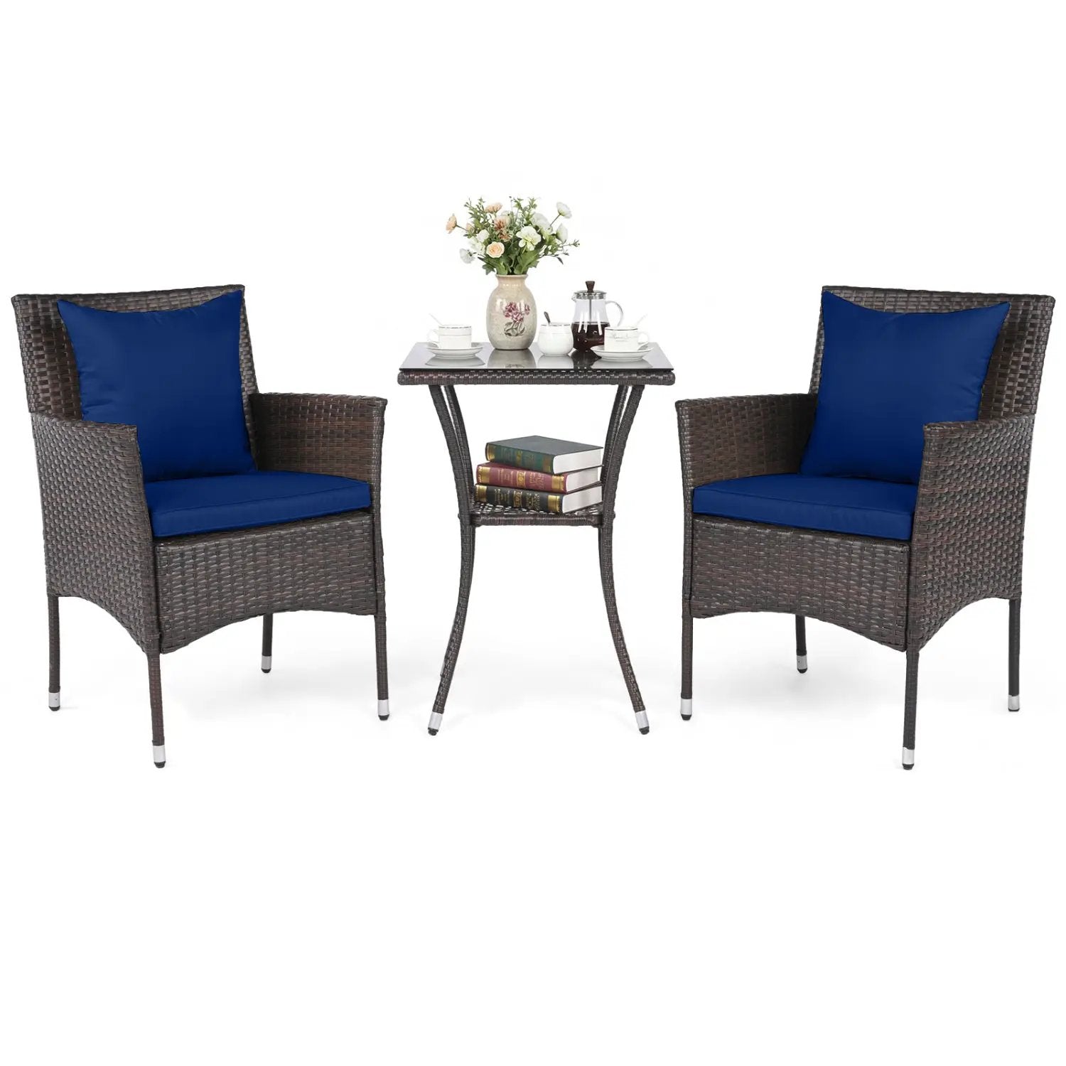 3 Pieces Patio Furniture Set with Cushioned Patio Chairs and Tempered Glass Coffee Table-Brown by DirectDeals
