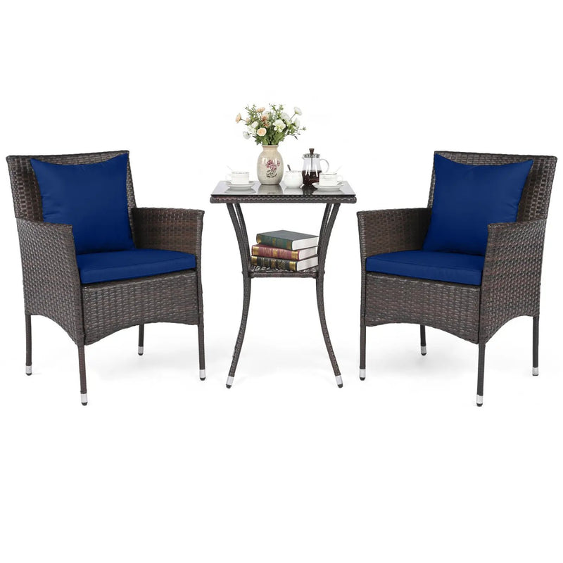 3 Pieces Patio Furniture Set with Cushioned Patio Chairs and Tempered Glass Coffee Table-Brown by DirectDeals