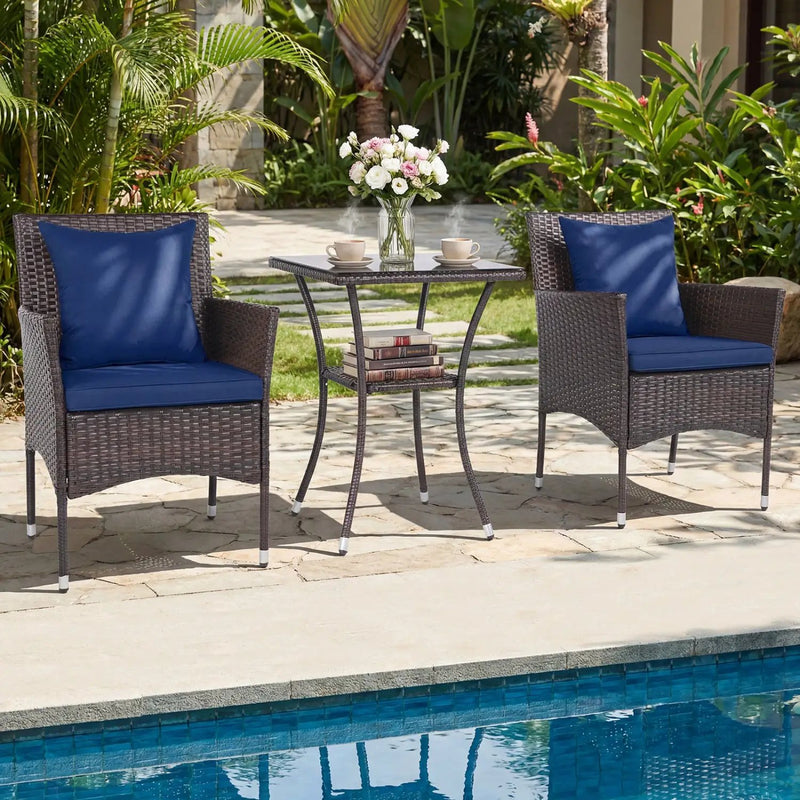 3 Pieces Patio Furniture Set with Cushioned Patio Chairs and Tempered Glass Coffee Table-Brown by DirectDeals