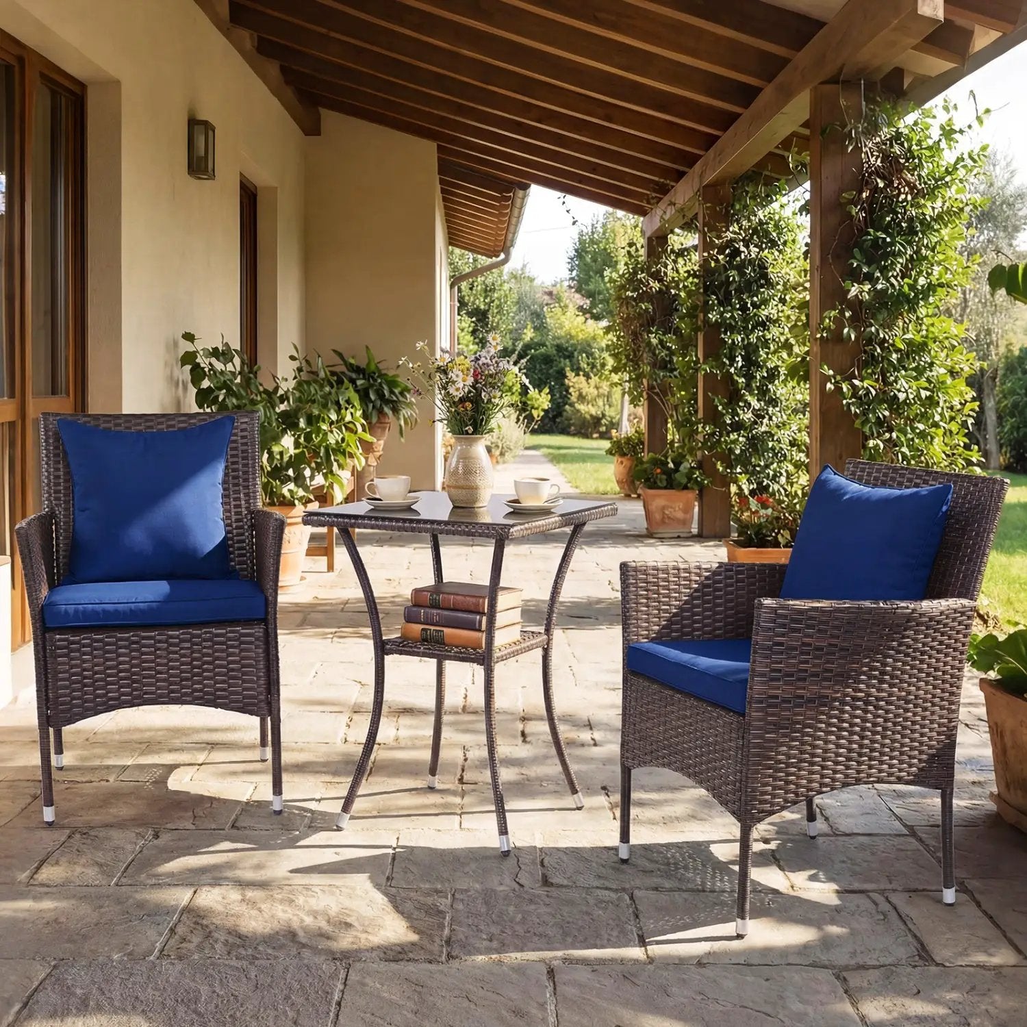 3 Pieces Patio Furniture Set with Cushioned Patio Chairs and Tempered Glass Coffee Table-Brown by DirectDeals