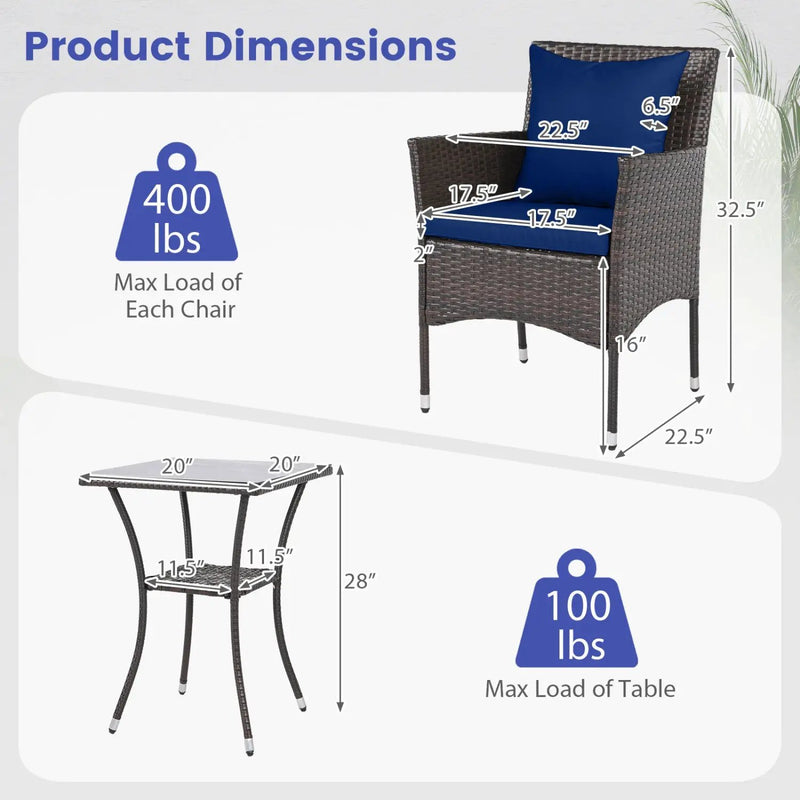 3 Pieces Patio Furniture Set with Cushioned Patio Chairs and Tempered Glass Coffee Table-Brown by DirectDeals