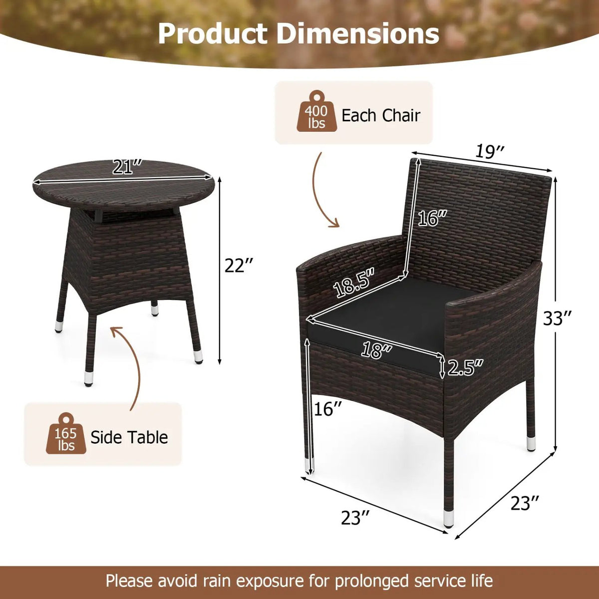3 Piece Patio Furniture Set Outside Bistro Set for Porch, photo 6 of 24