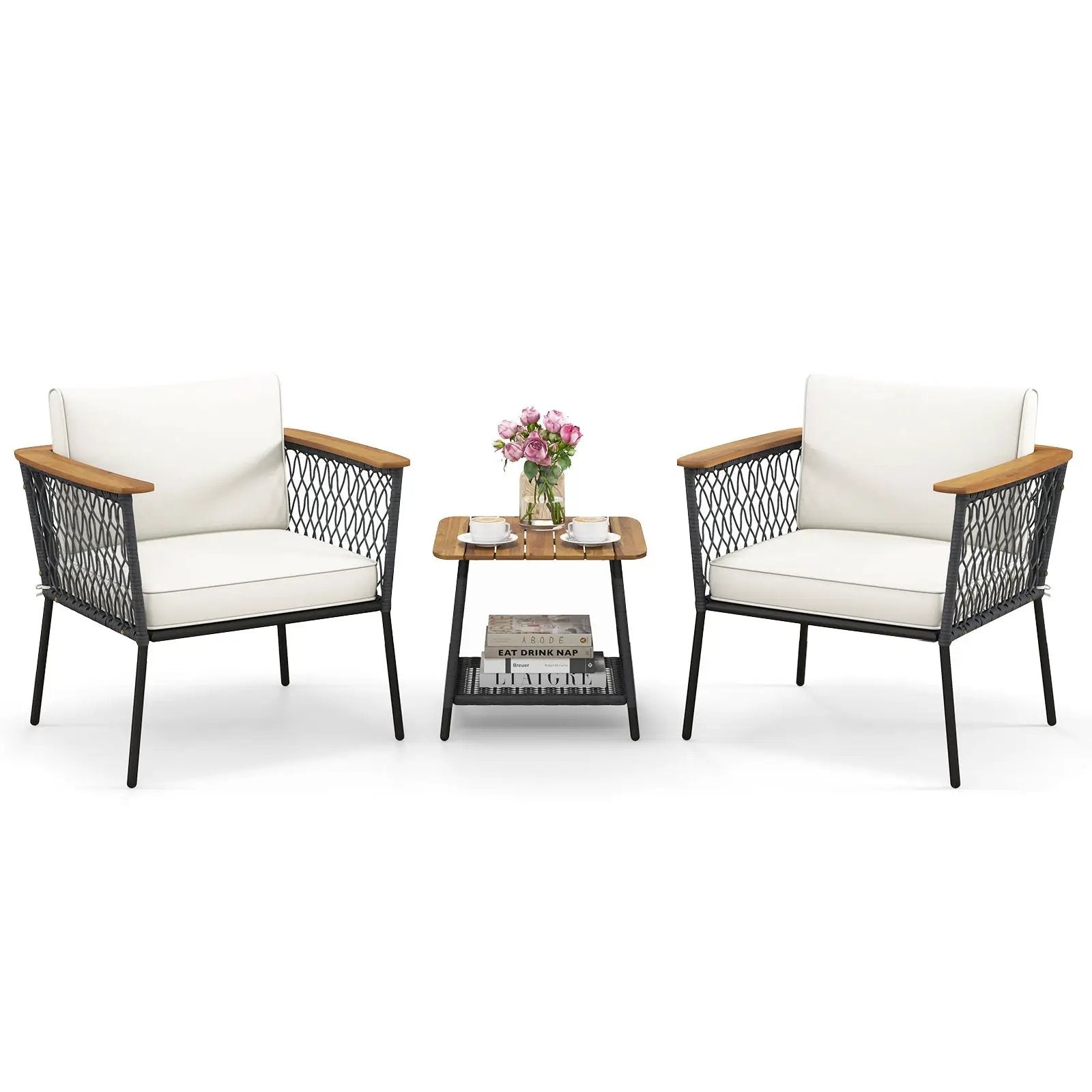3 Piece Patio Furniture Set Rattan Chair Set with 2-Tier Coffee Table-White by DirectDeals