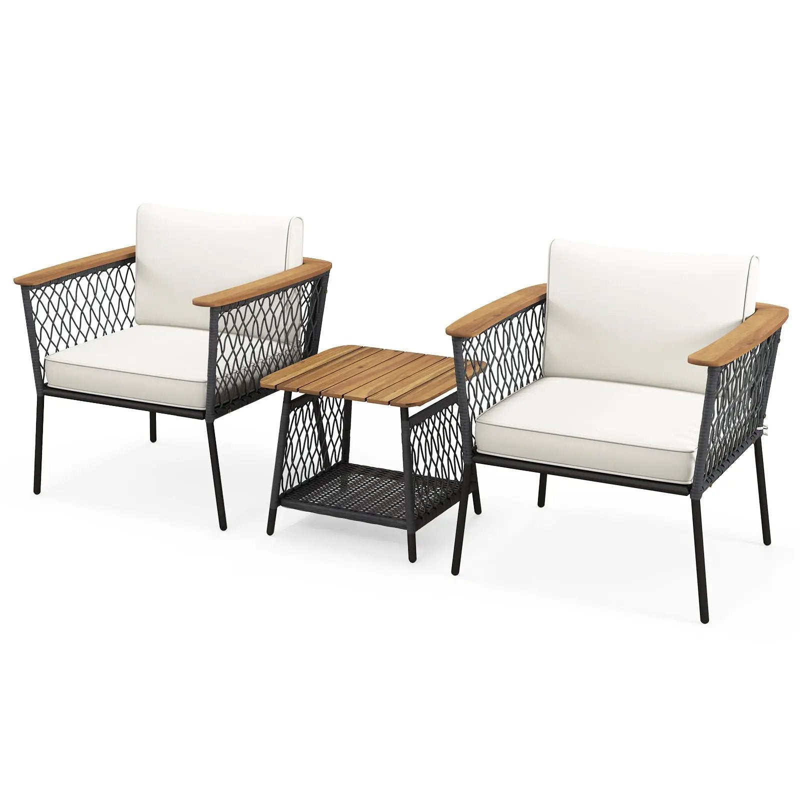 3 Piece Patio Furniture Set Rattan Chair Set with 2-Tier Coffee Table-White by DirectDeals