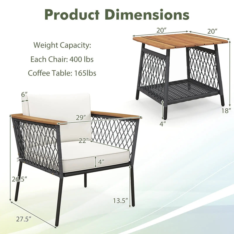 3 Piece Patio Furniture Set Rattan Chair Set with 2-Tier Coffee Table-White by DirectDeals