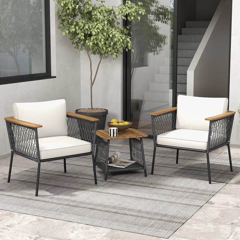 3 Piece Patio Furniture Set Rattan Chair Set with 2-Tier Coffee Table-White by DirectDeals