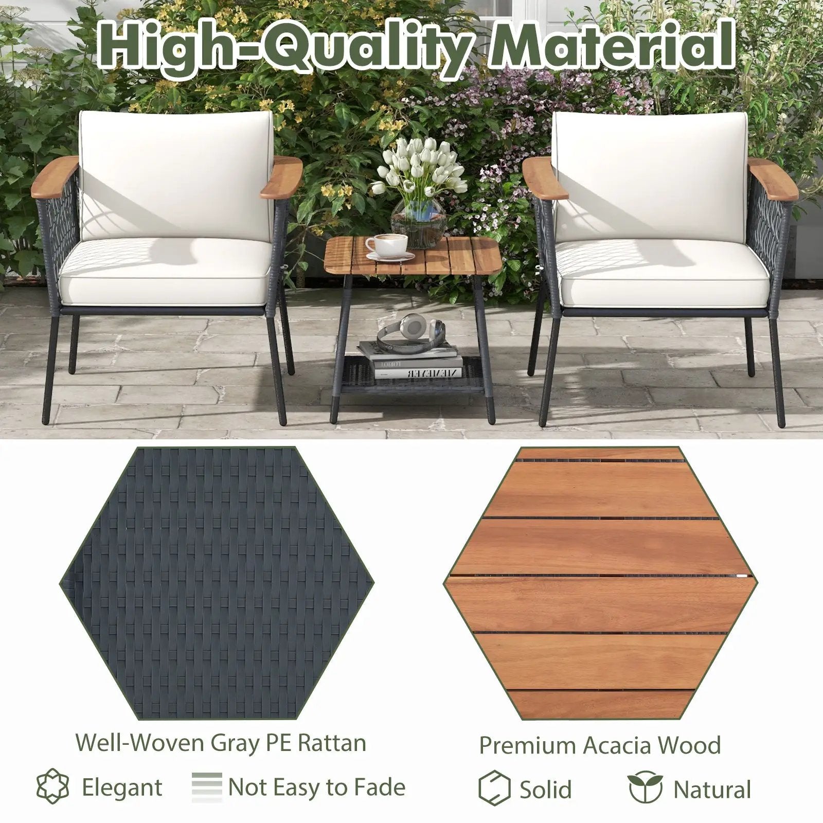 3 Piece Patio Furniture Set Rattan Chair Set with 2-Tier Coffee Table-White by DirectDeals