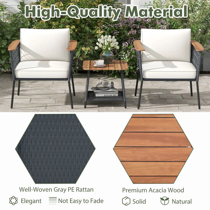 3 Piece Patio Furniture Set Rattan Chair Set with 2-Tier Coffee Table-White by DirectDeals