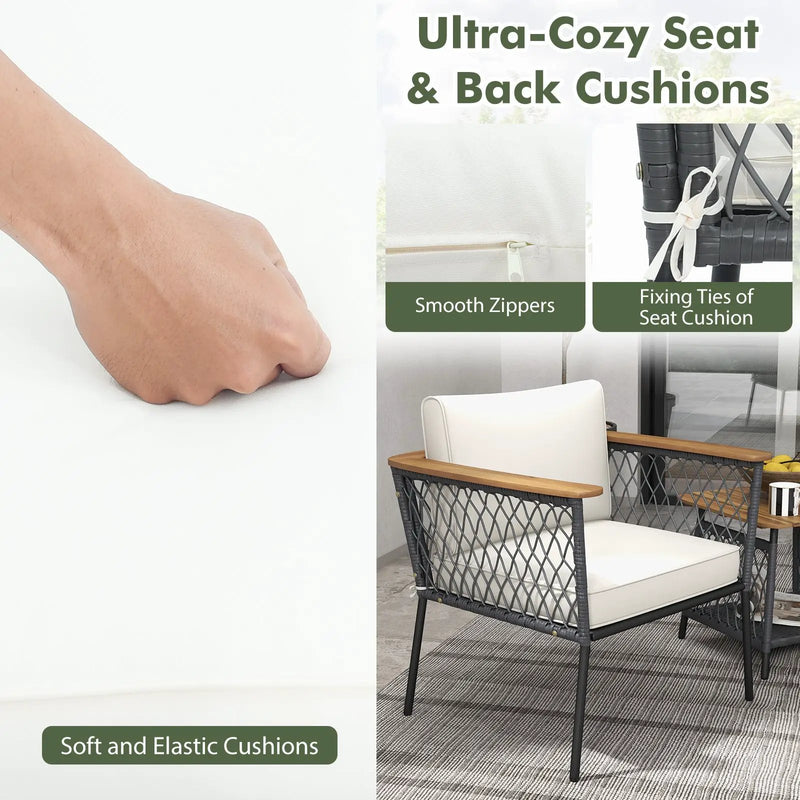 3 Piece Patio Furniture Set Rattan Chair Set with 2-Tier Coffee Table-White by DirectDeals
