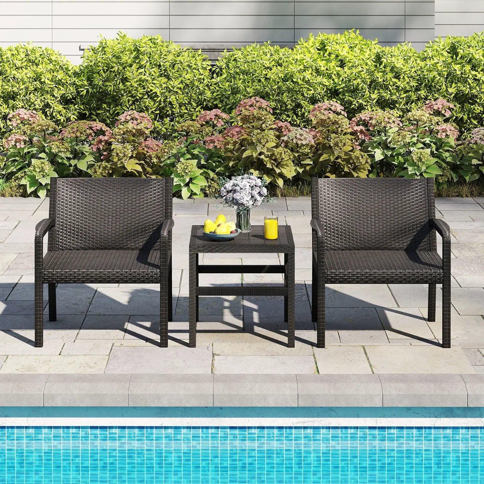 3 Piece Patio Furniture Set with 2 Modern Rattan Armchair and 25 Inch Squire Side Table-Black by DirectDeals