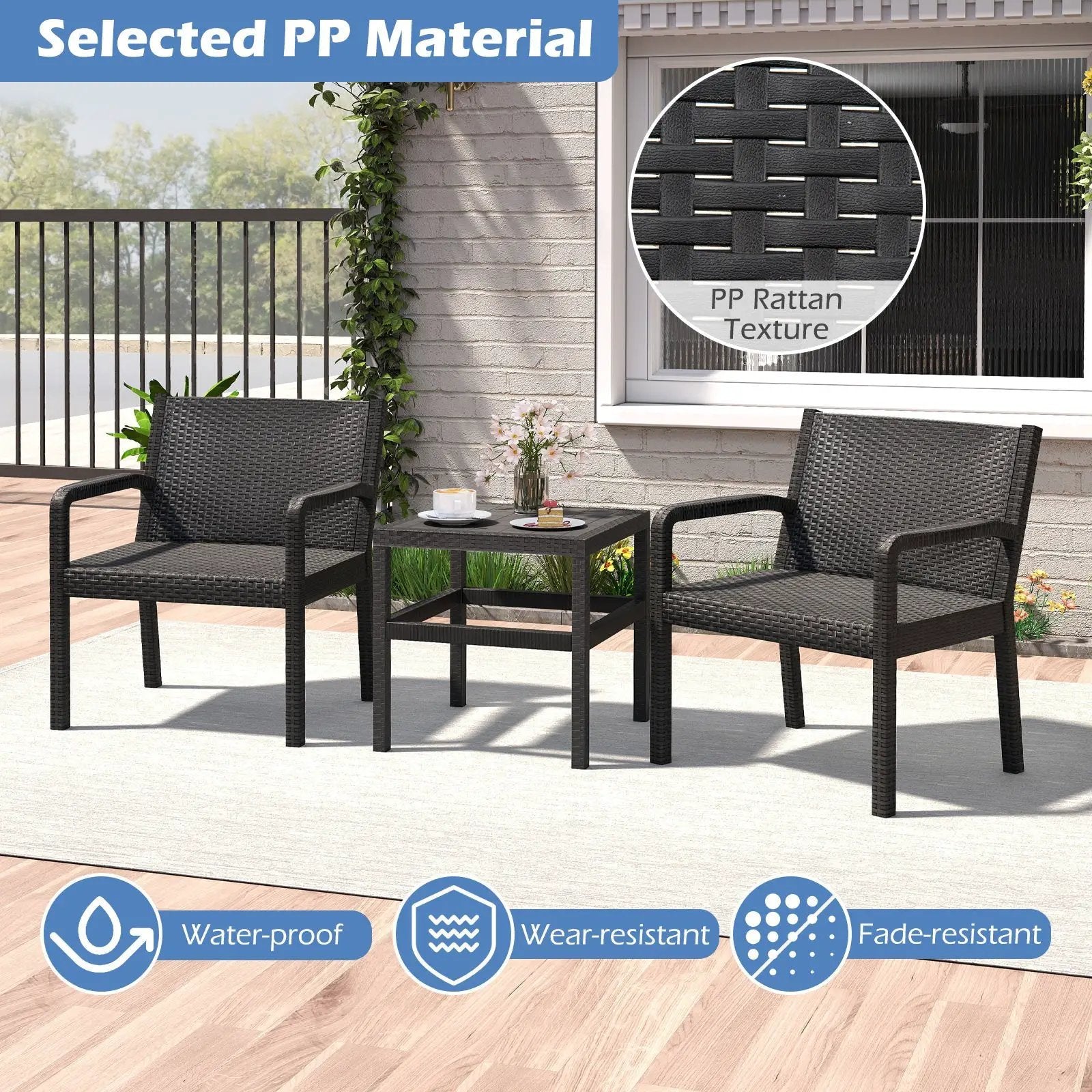 3 Piece Patio Furniture Set with 2 Modern Rattan Armchair and 25 Inch Squire Side Table-Black by DirectDeals