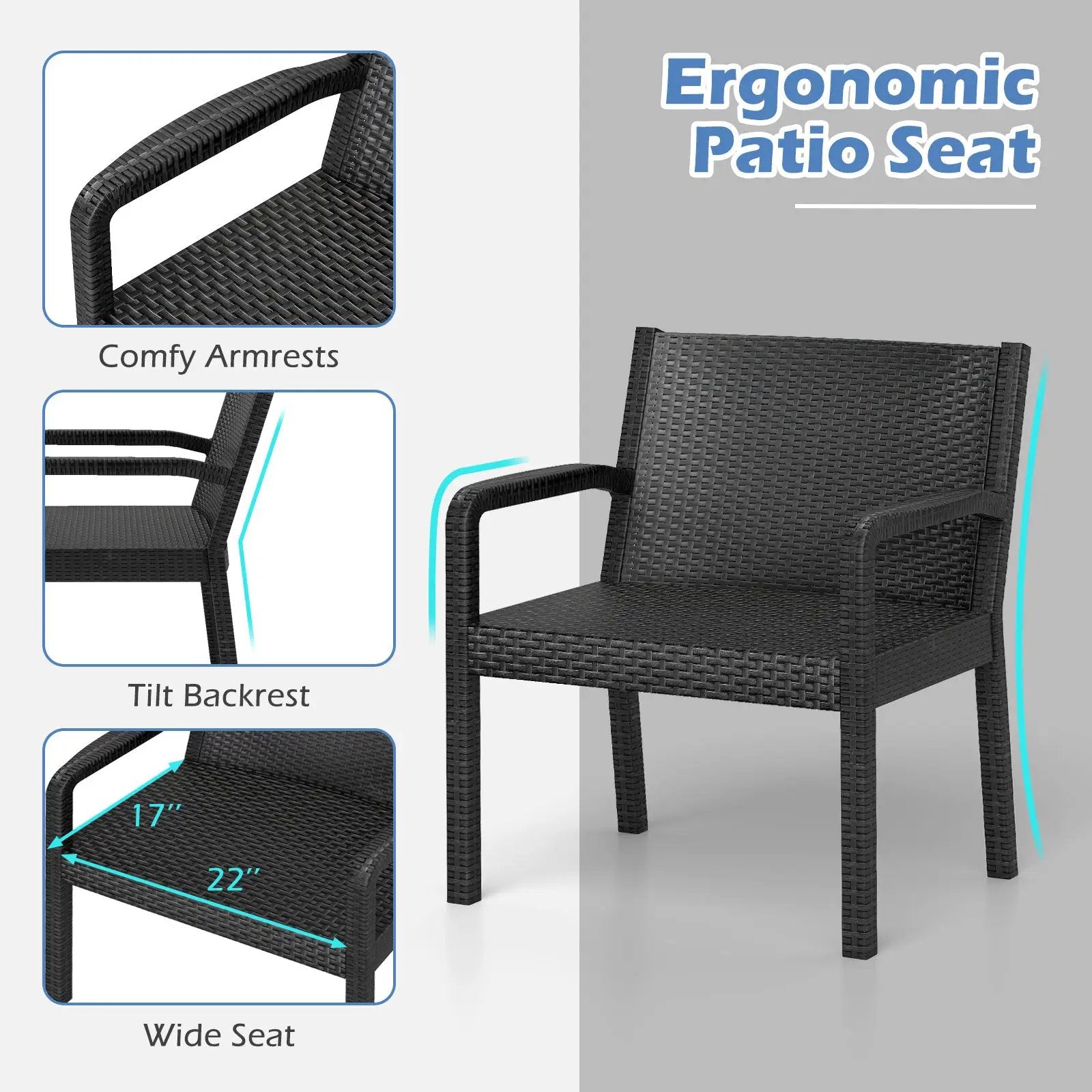 3 Piece Patio Furniture Set with 2 Modern Rattan Armchair and 25 Inch Squire Side Table-Black by DirectDeals