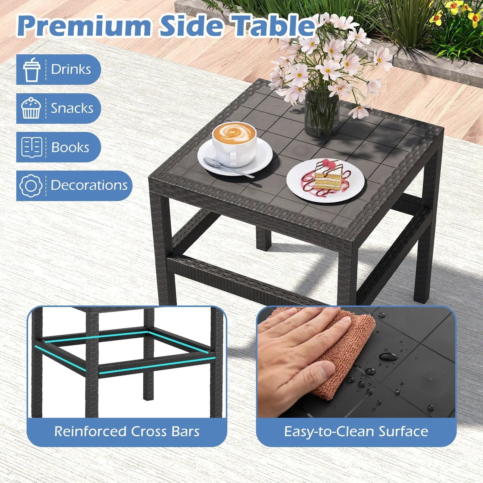 3 Piece Patio Furniture Set with 2 Modern Rattan Armchair and 25 Inch Squire Side Table-Black by DirectDeals