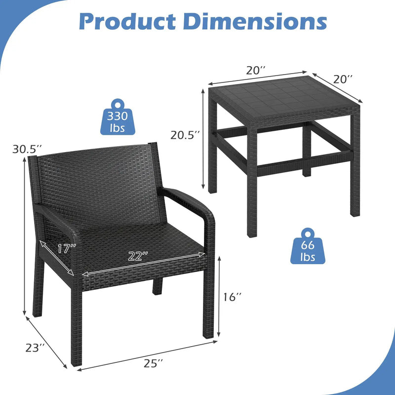 3 Piece Patio Furniture Set with 2 Modern Rattan Armchair and 25 Inch Squire Side Table-Black by DirectDeals