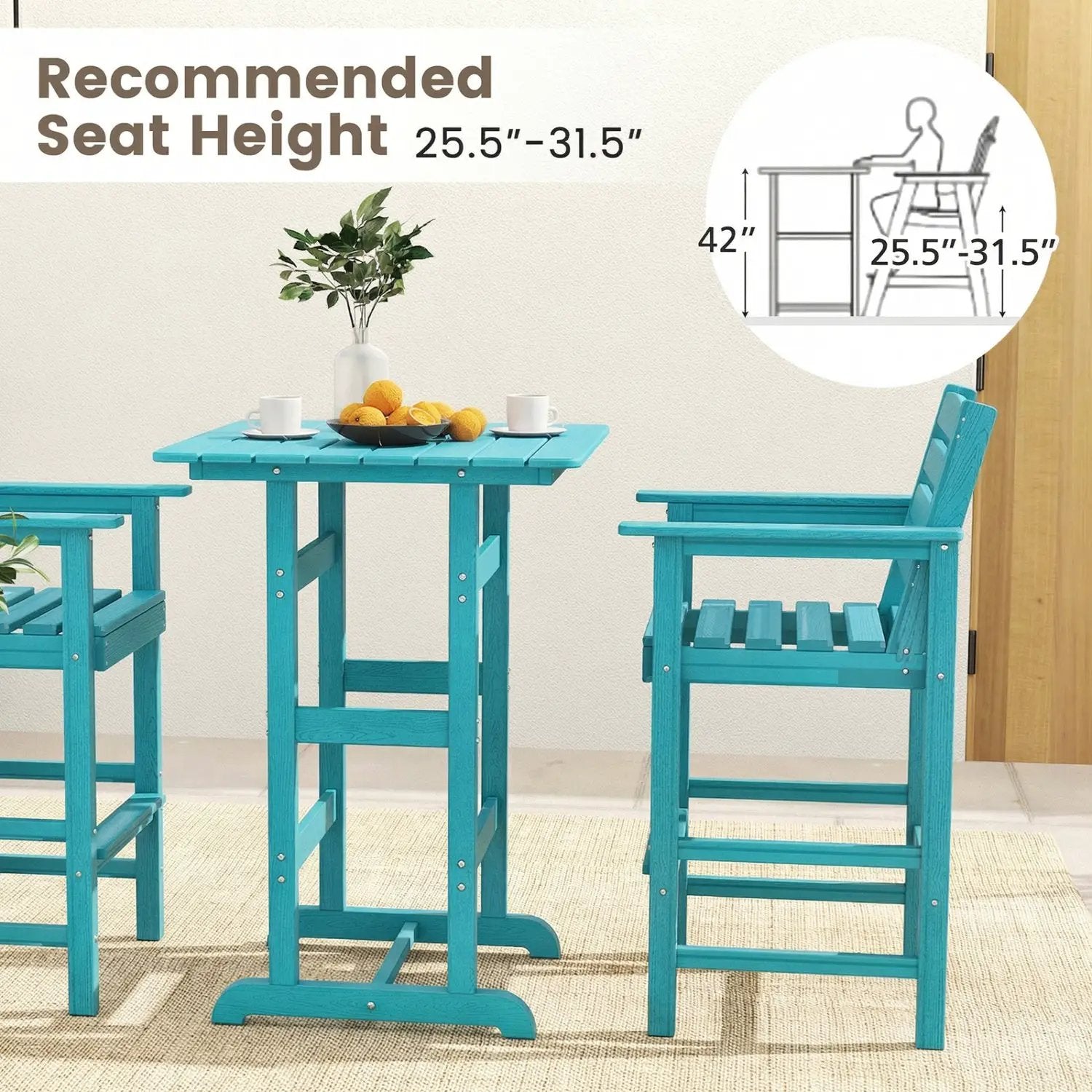 3-Piece Patio HDPE Bar Set with Square High-Top Table for Backyard and Poolside by DirectDeals