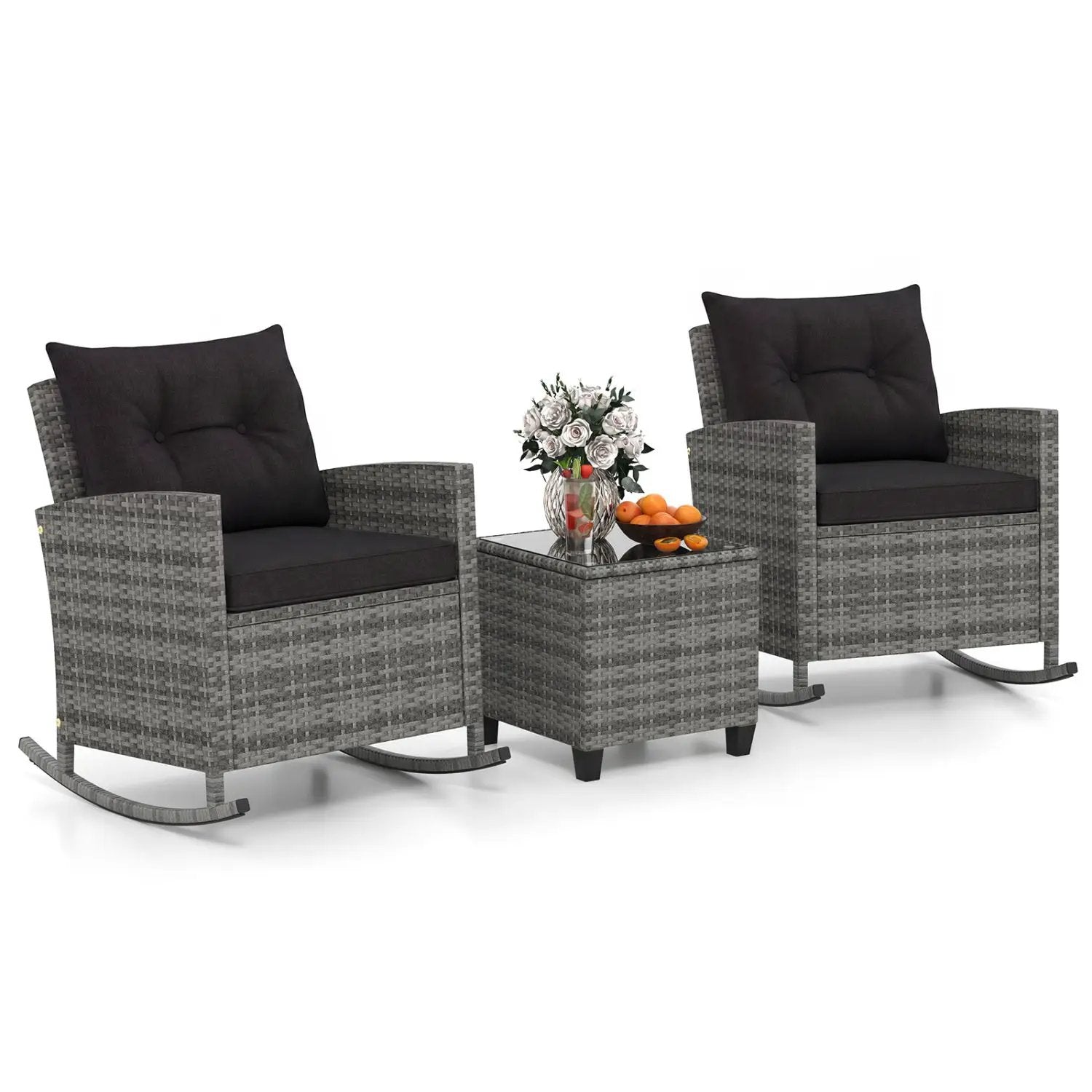 3-Piece Patio Rocking Chair Set with Glass Table & Cushions by DirectDeals