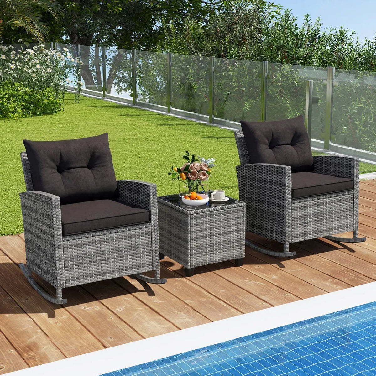3-Piece Patio Rocking Chair Set with Glass Table & Cushions, photo 2 of 16