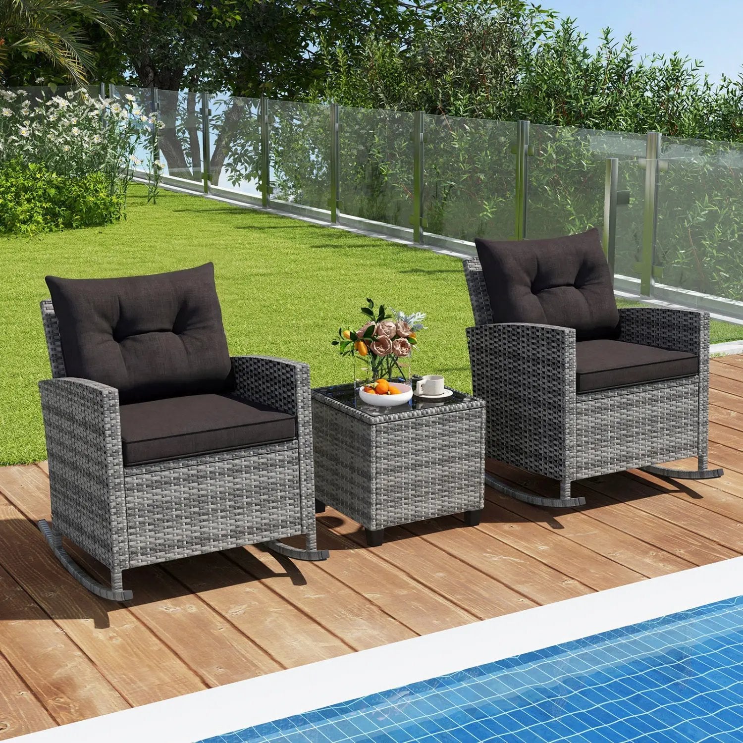 3-Piece Patio Rocking Chair Set with Glass Table & Cushions by DirectDeals