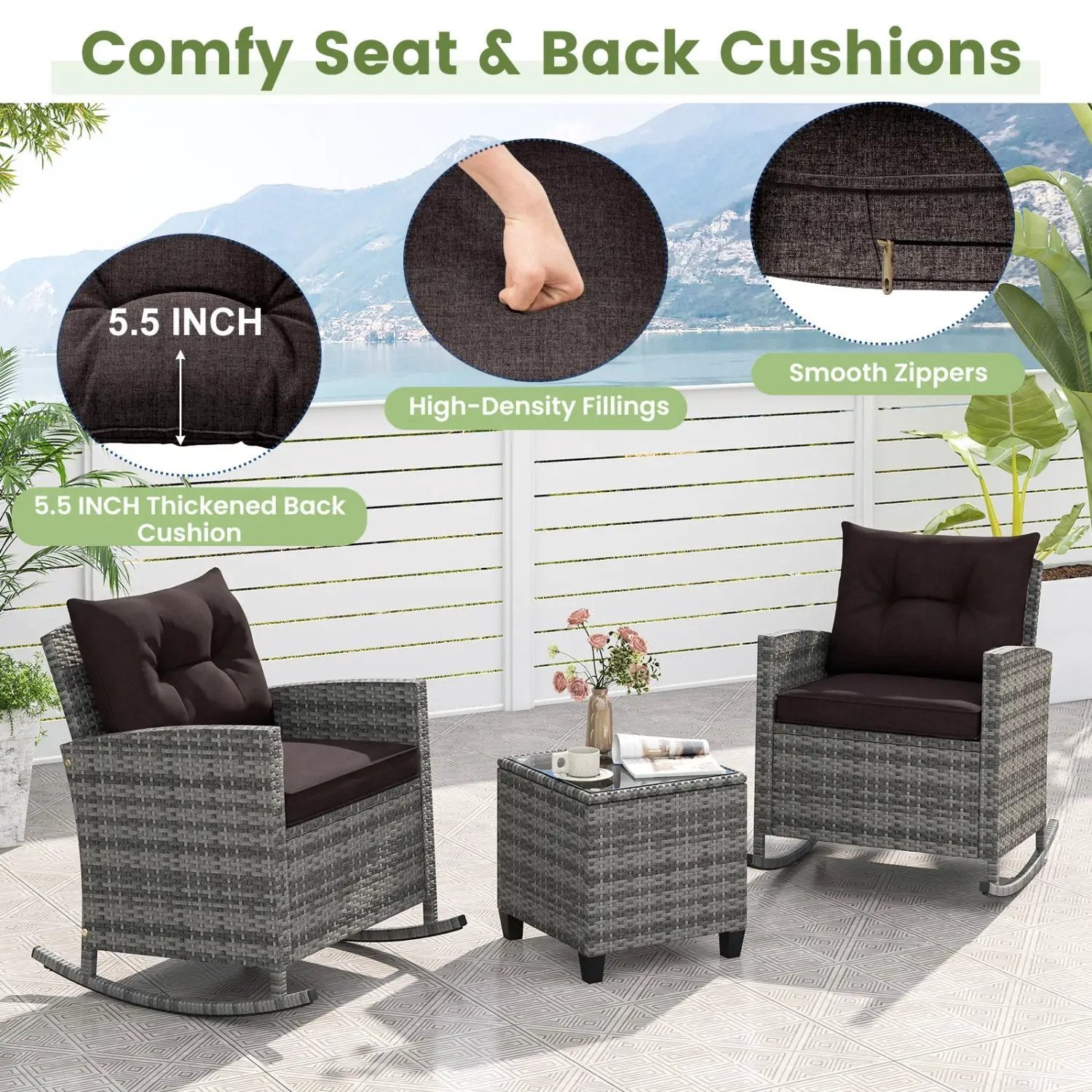 3-Piece Patio Rocking Chair Set with Glass Table & Cushions by DirectDeals