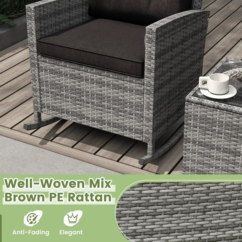 3-Piece Patio Rocking Chair Set with Glass Table & Cushions by DirectDeals