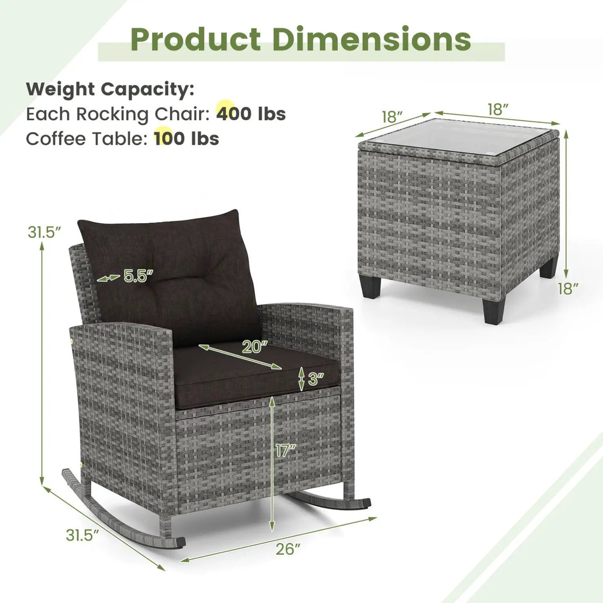 3-Piece Patio Rocking Chair Set with Glass Table & Cushions, photo 5 of 16