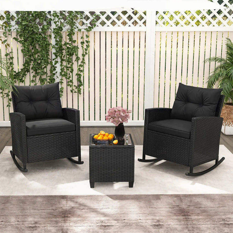 3-Piece Patio Rocking Chair Set with Glass Table & Cushions by DirectDeals