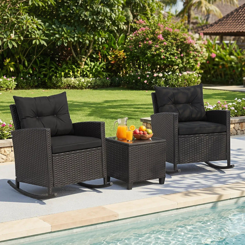3-Piece Patio Rocking Chair Set with Glass Table & Cushions by DirectDeals