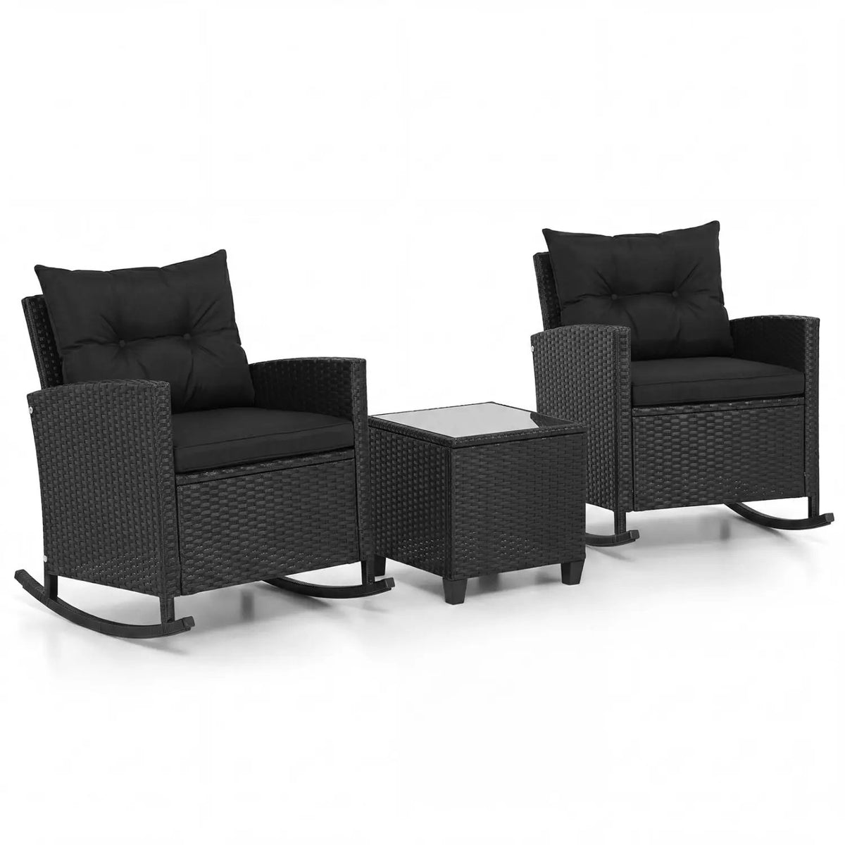 3-Piece Patio Rocking Chair Set with Glass Table & Cushions, photo 11 of 16