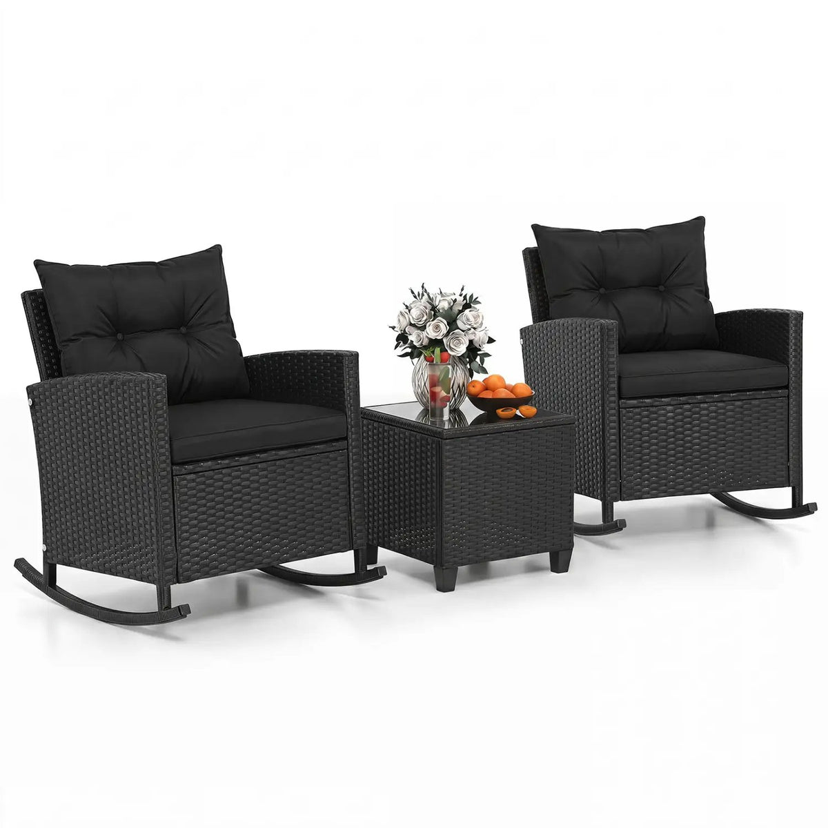 3-Piece Patio Rocking Chair Set with Glass Table & Cushions, photo 12 of 16