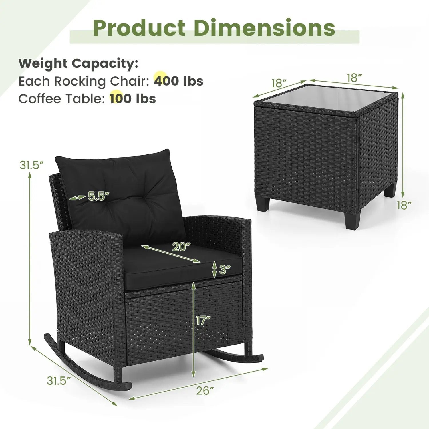 3-Piece Patio Rocking Chair Set with Glass Table & Cushions by DirectDeals