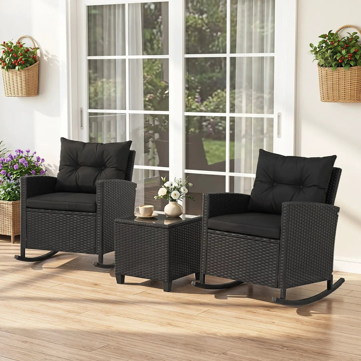 3-Piece Patio Rocking Chair Set with Glass Table & Cushions, photo 14 of 16