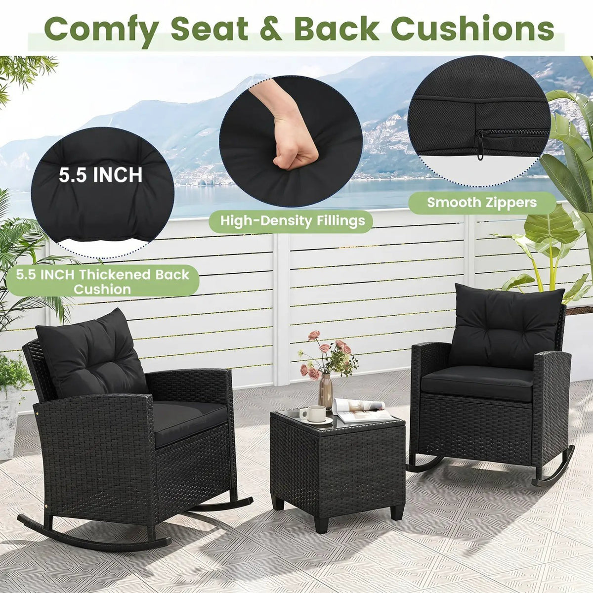 3-Piece Patio Rocking Chair Set with Glass Table & Cushions, photo 16 of 16