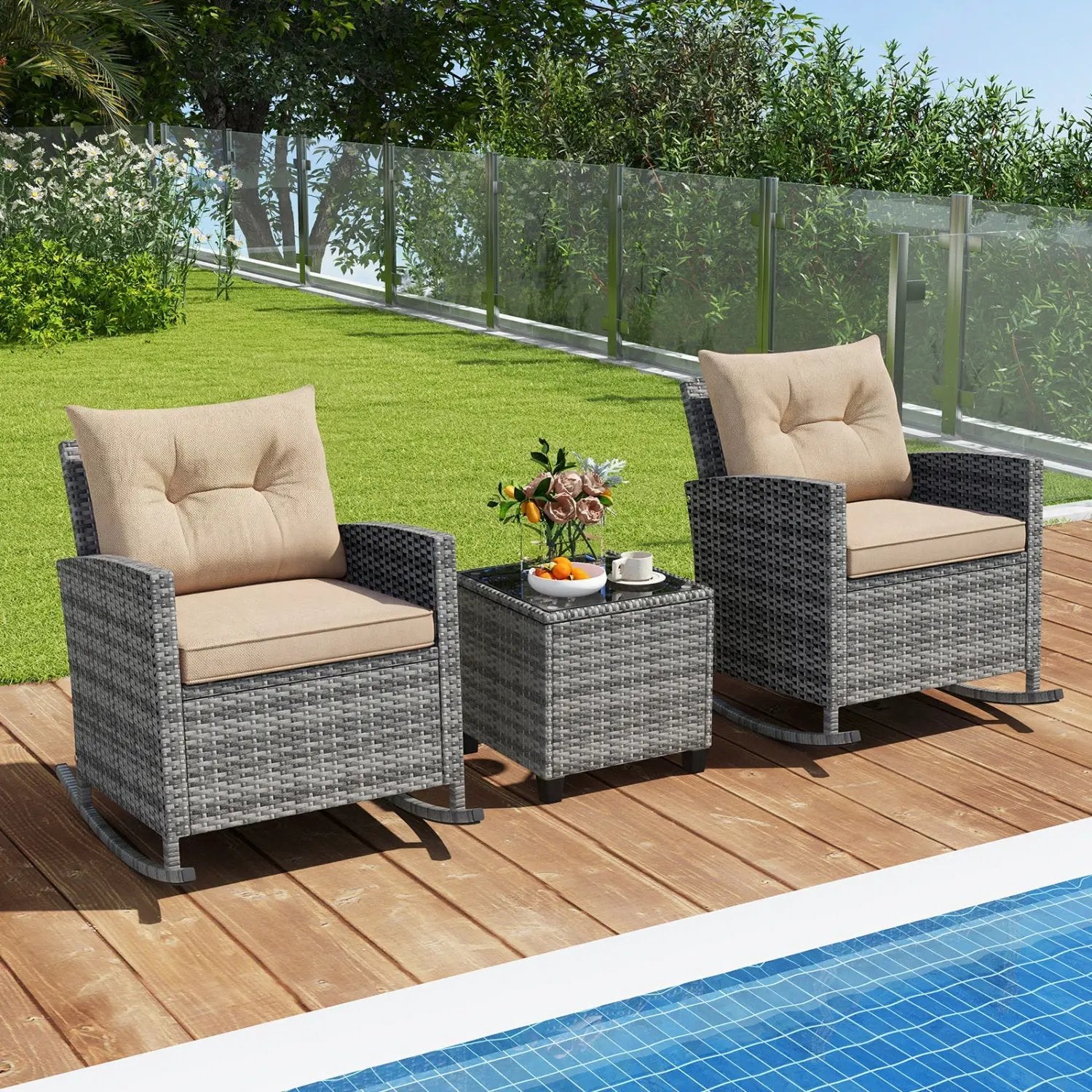 3-Piece Patio Rocking Chair Set with Glass Table by DirectDeals