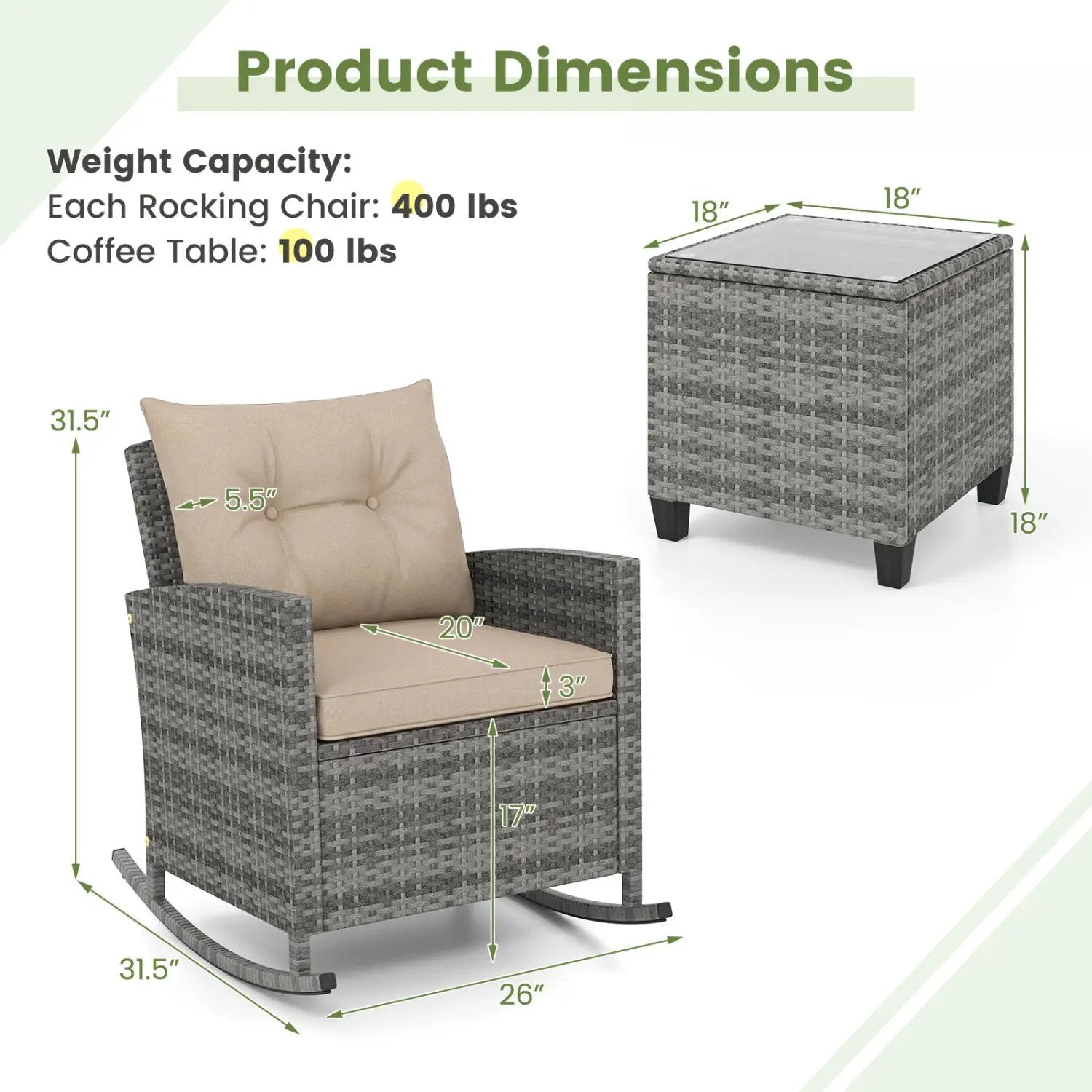 3-Piece Patio Rocking Chair Set with Glass Table by DirectDeals