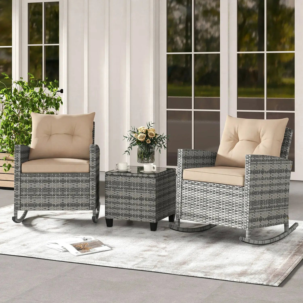 3-Piece Patio Rocking Chair Set with Glass Table by DirectDeals