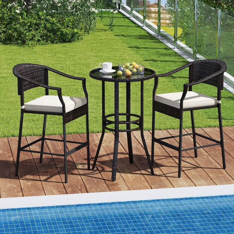 3-Piece Patio Rattan Bar Set with Tempered Glass Top for Backyard Poolside by DirectDeals