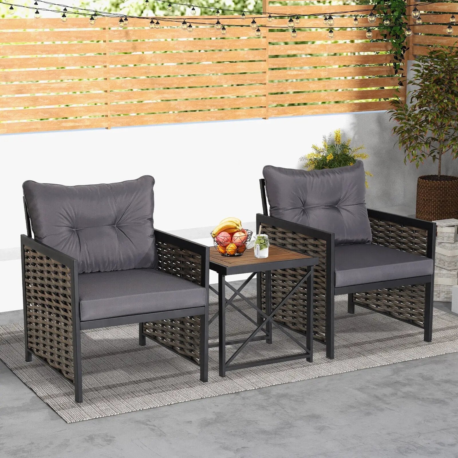 3 Piece Patio Rattan Furniture Set with Acacia Wood Tabletop by DirectDeals