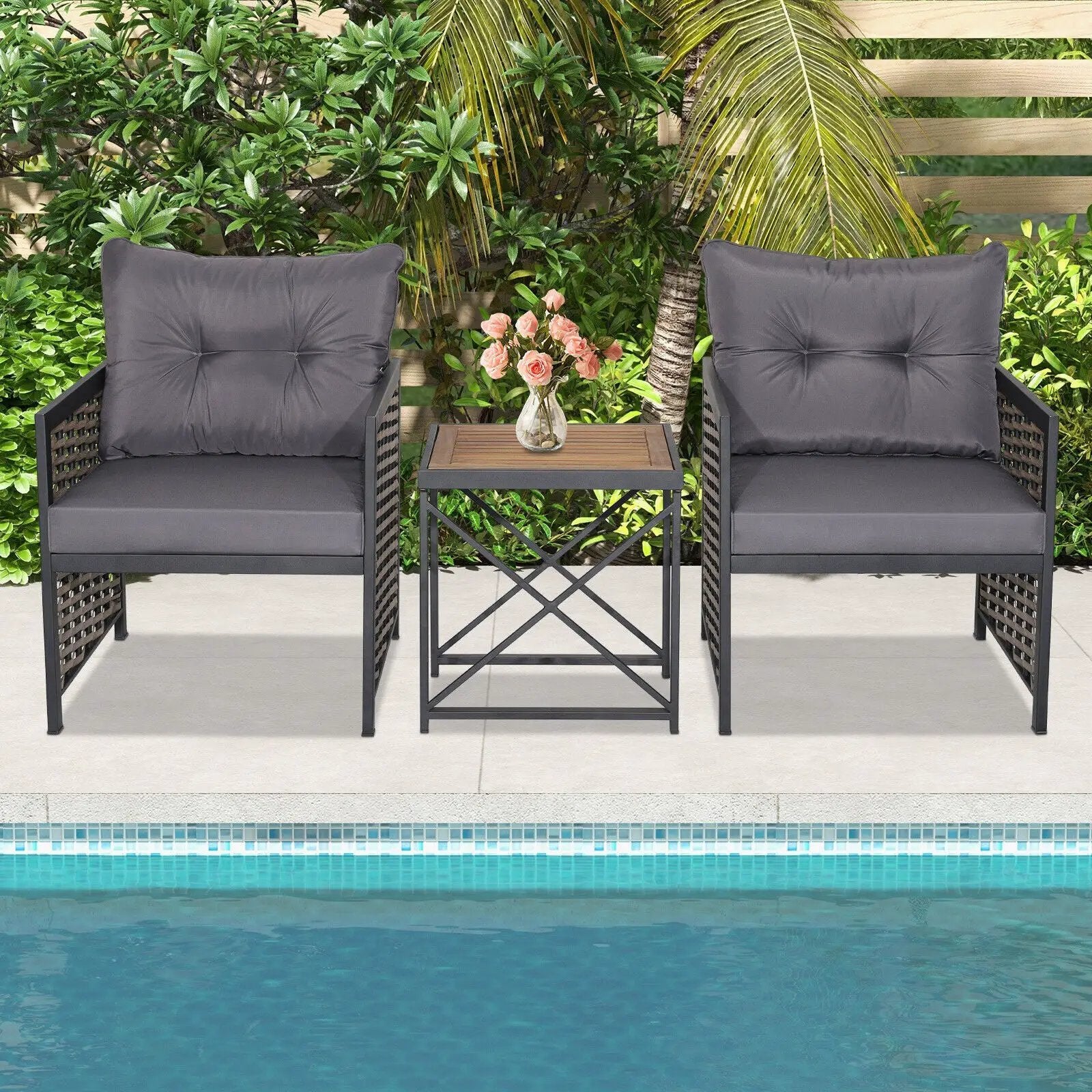 3 Piece Patio Rattan Furniture Set with Acacia Wood Tabletop by DirectDeals